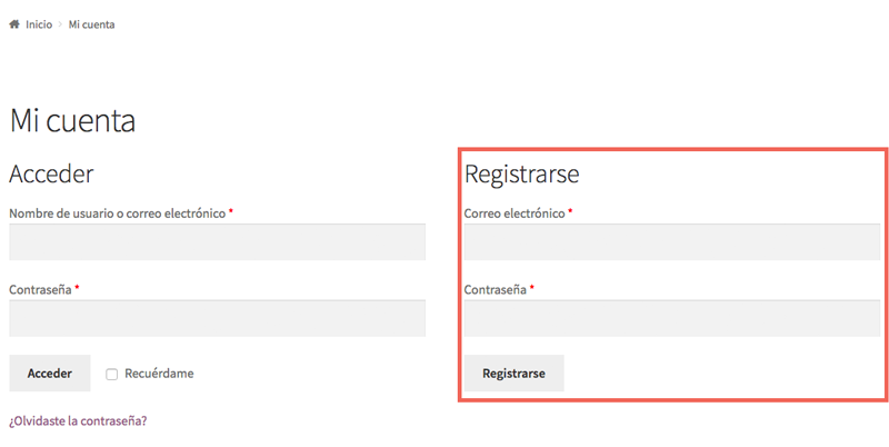 Al activar el check, el usuario no identificado tiene disponible el formulario de registro en la página Mi cuenta