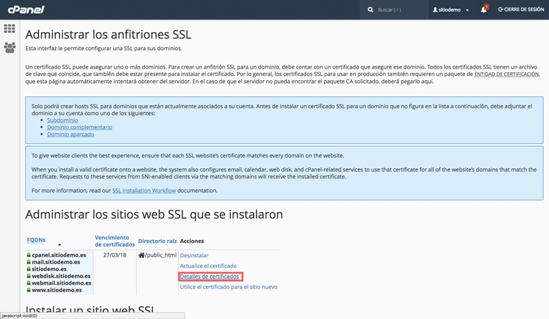 En el panel de administración puedes comprobar para dominio y subdominios está activo el certificado SSL