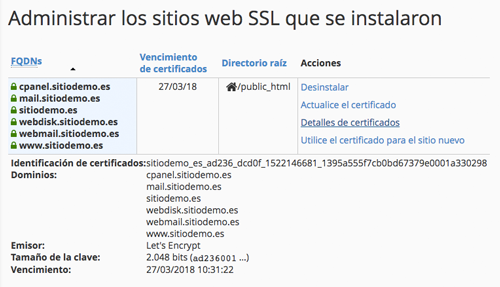 Al hacer click en Detalles del certificado puedes ver el tipo y la validez de tu certificado SSL